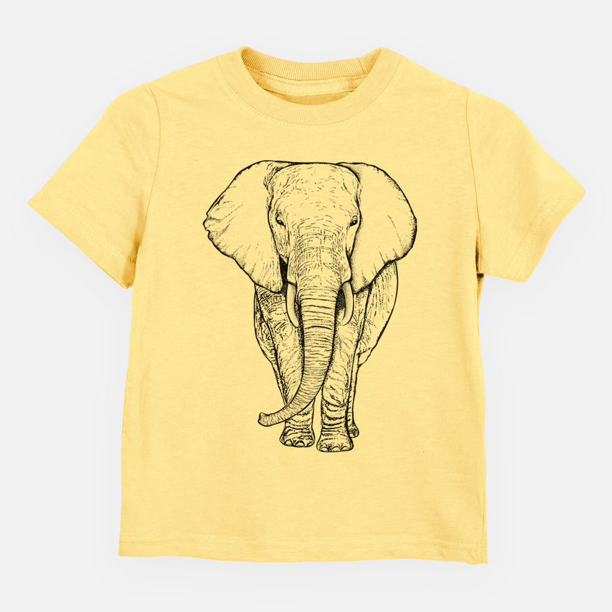 Butter yellow toddler t-shirt laid flat, printed with a black ink line drawing of an African elephant facing forward with large ears and tusks.