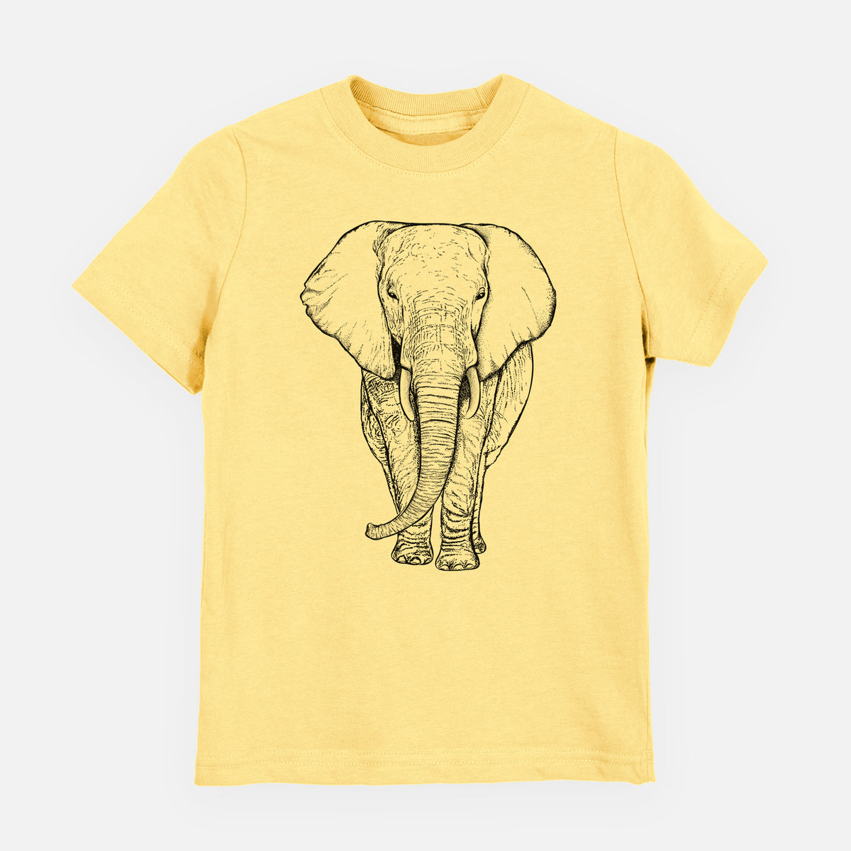 Butter yellow youth t-shirt laid flat, printed with a black ink line drawing of an African elephant facing forward with large ears and tusks.