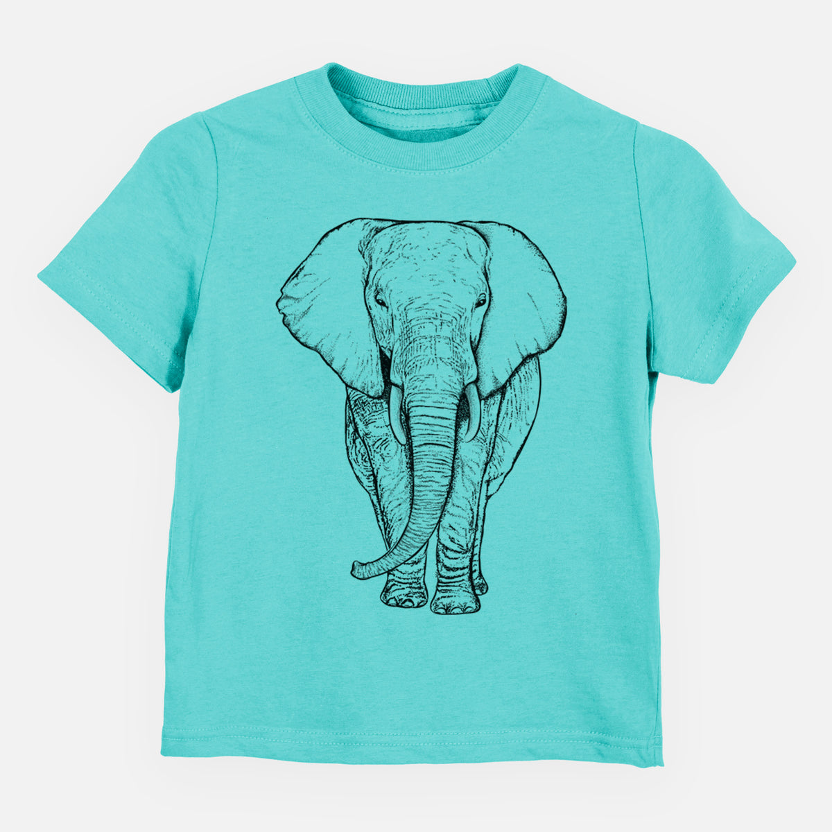 Caribbean blue toddler t-shirt laid flat, printed with a black ink line drawing of an African elephant facing forward with large ears and tusks.