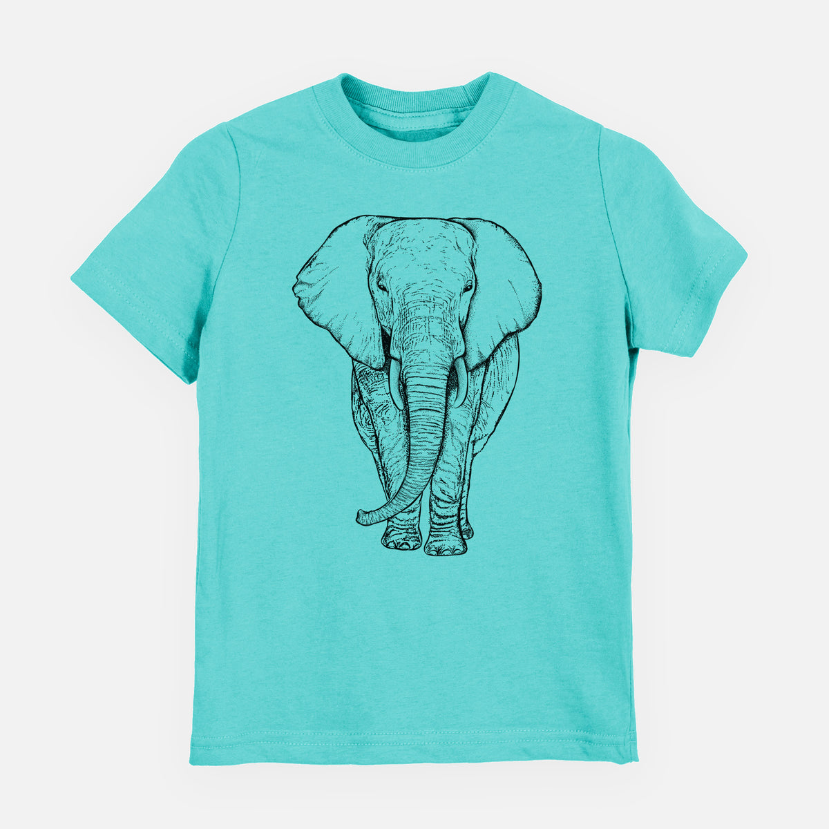 Caribbean blue youth t-shirt laid flat, printed with a black ink line drawing of an African elephant facing forward with large ears and tusks.