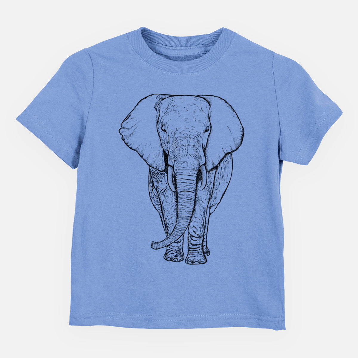 Carolina blue toddler t-shirt laid flat, printed with a black ink line drawing of an African elephant facing forward with large ears and tusks.