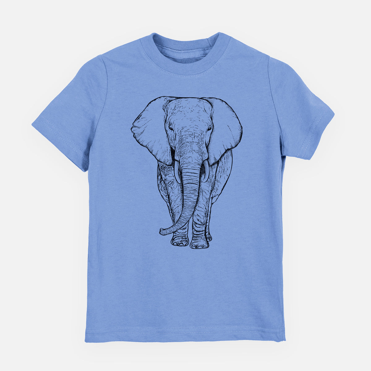 Carolina blue youth t-shirt laid flat, printed with a black ink line drawing of an African elephant facing forward with large ears and tusks.