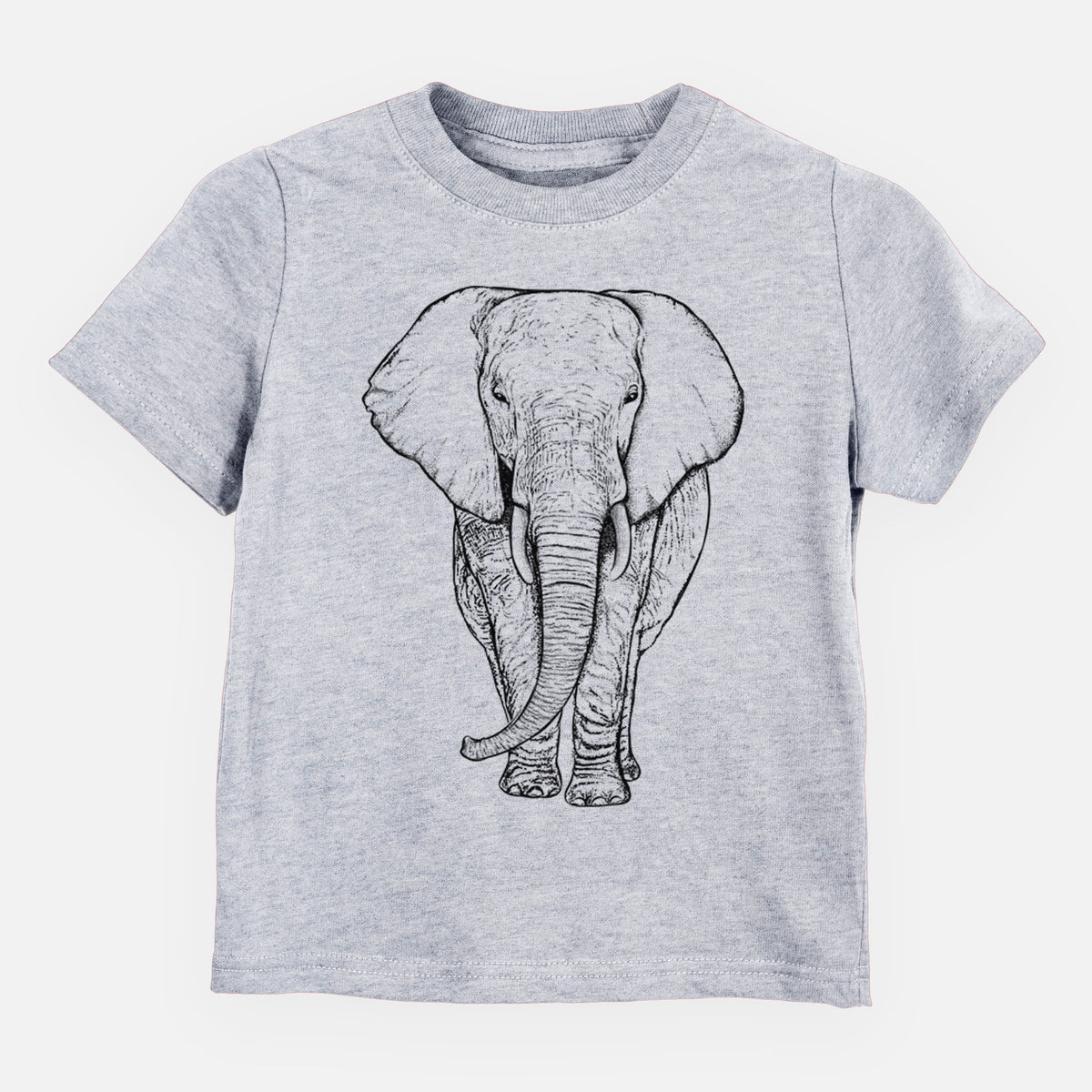 Heather grey toddler t-shirt laid flat, printed with a black ink line drawing of an African elephant facing forward with large ears and tusks.