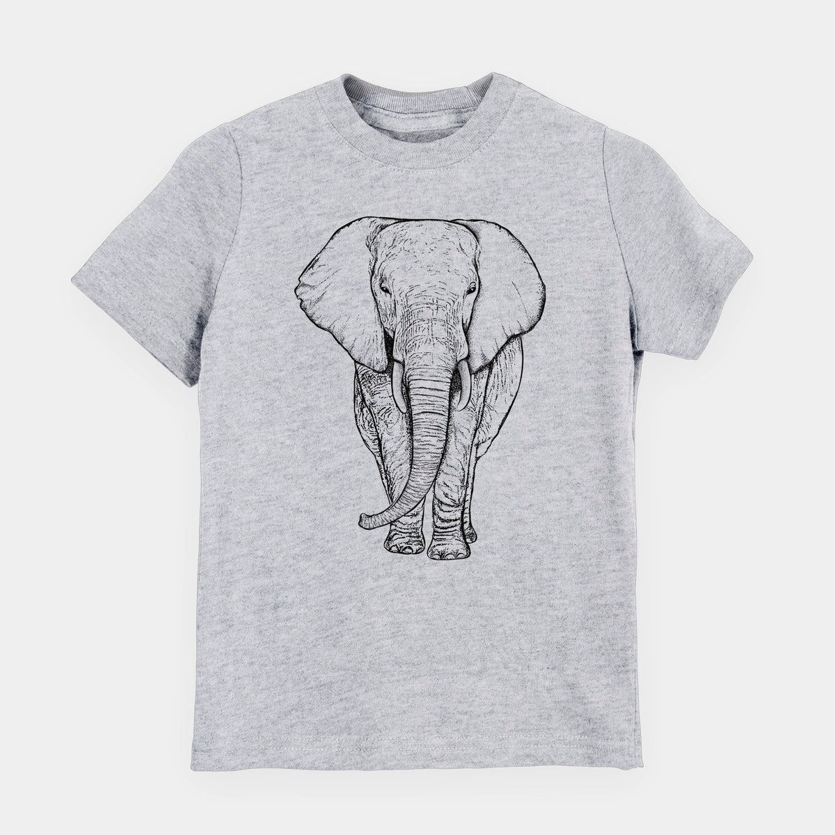 Heather grey youth t-shirt laid flat, printed with a black ink line drawing of an African elephant facing forward with large ears and tusks.