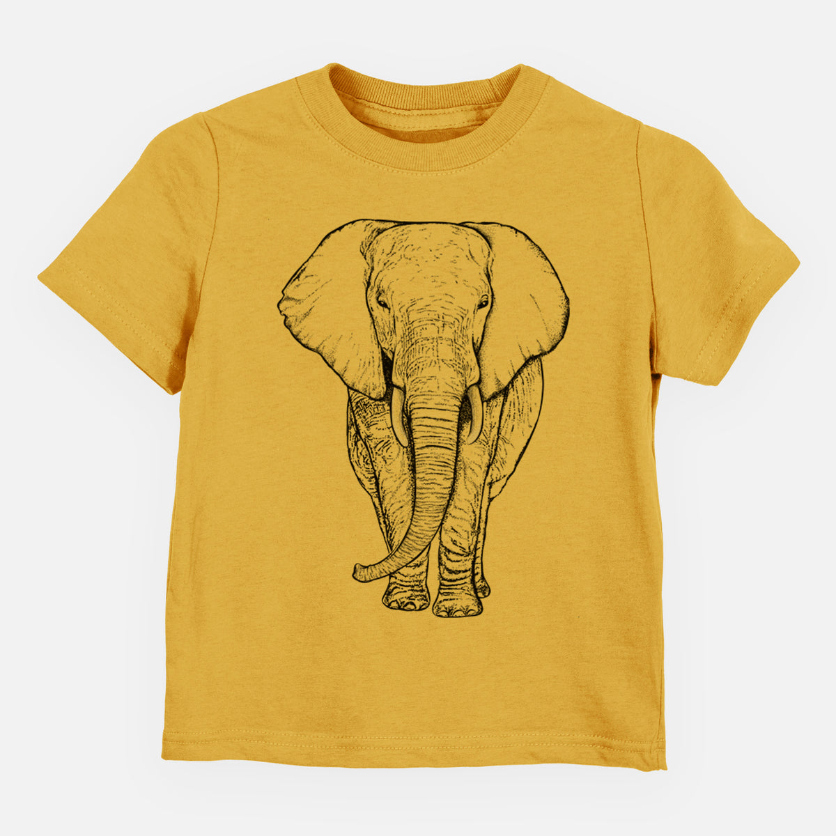 Honeycomb yellow toddler t-shirt laid flat, printed with a black ink line drawing of an African elephant facing forward with large ears and tusks.