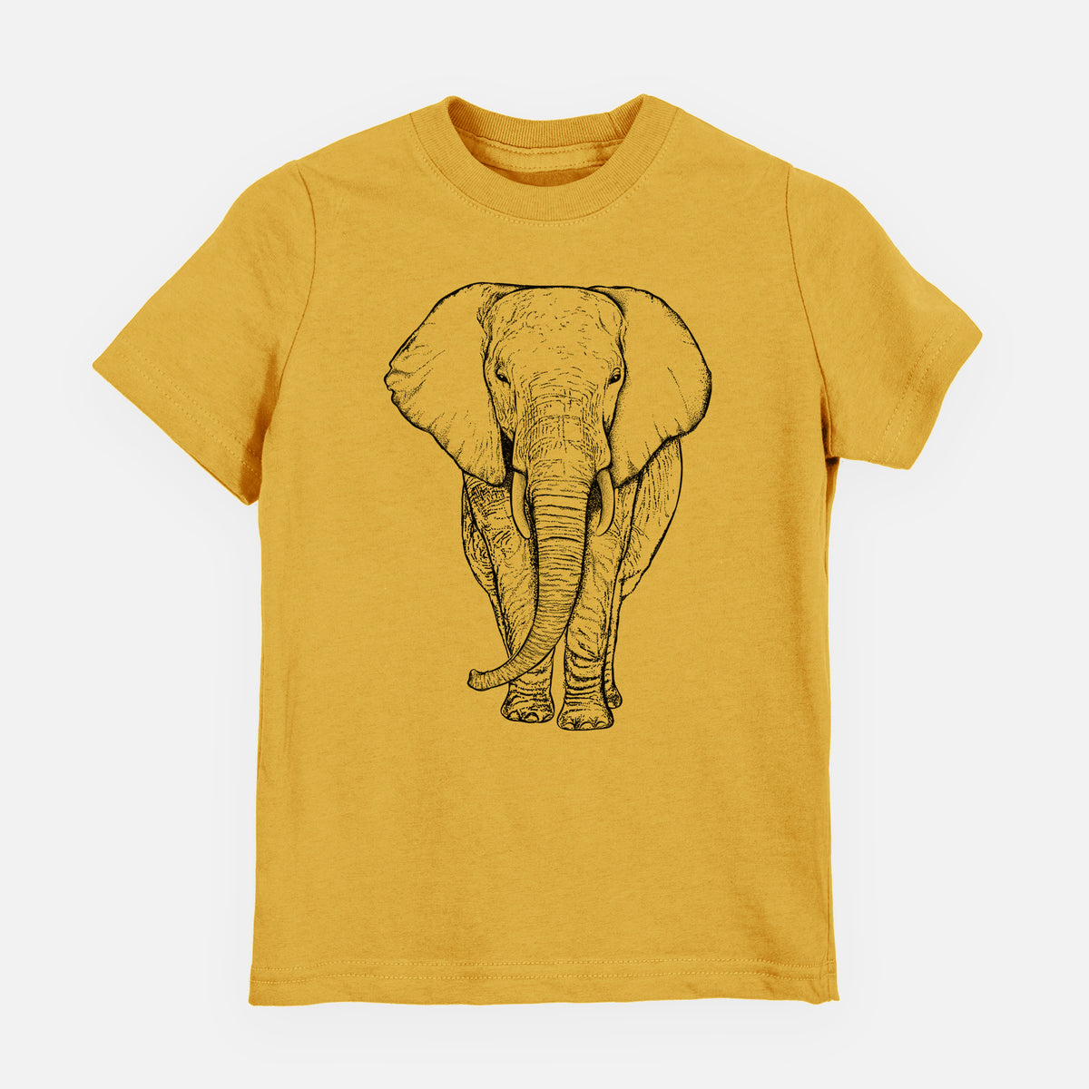 Honeycomb yellow youth t-shirt laid flat, printed with a black ink line drawing of an African elephant facing forward with large ears and tusks.