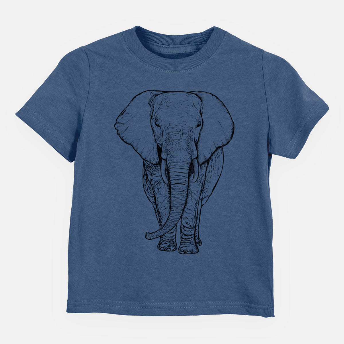 Indigo blue toddler t-shirt laid flat, printed with a black ink line drawing of an African elephant facing forward with large ears and tusks.