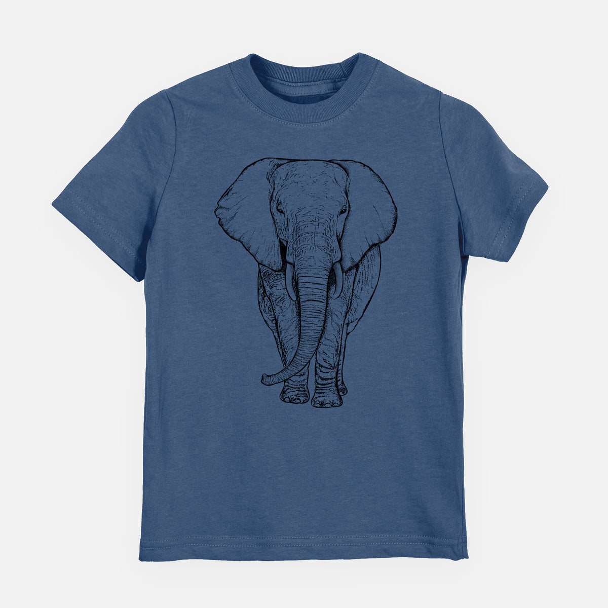 Indigo blue youth t-shirt laid flat, printed with a black ink line drawing of an African elephant facing forward with large ears and tusks.