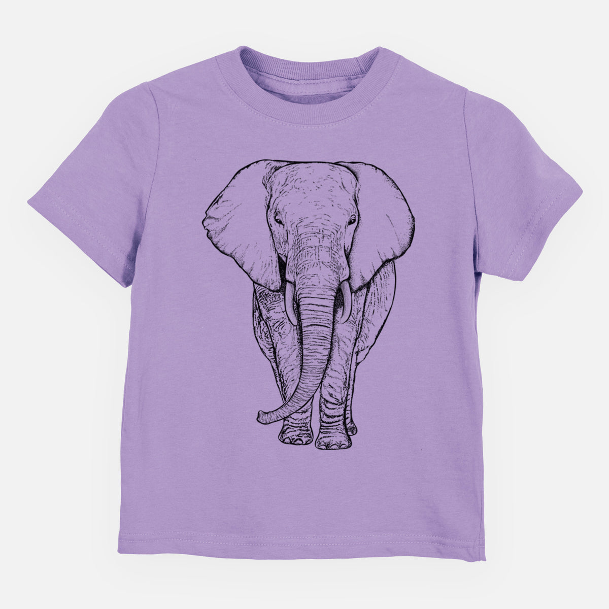Lavender toddler t-shirt laid flat, printed with a black ink line drawing of an African elephant facing forward with large ears and tusks.