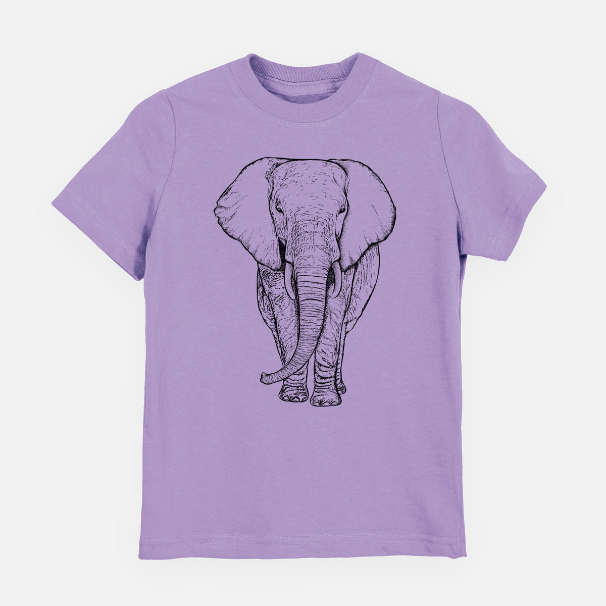 Lavender youth t-shirt laid flat, printed with a black ink line drawing of an African elephant facing forward with large ears and tusks.