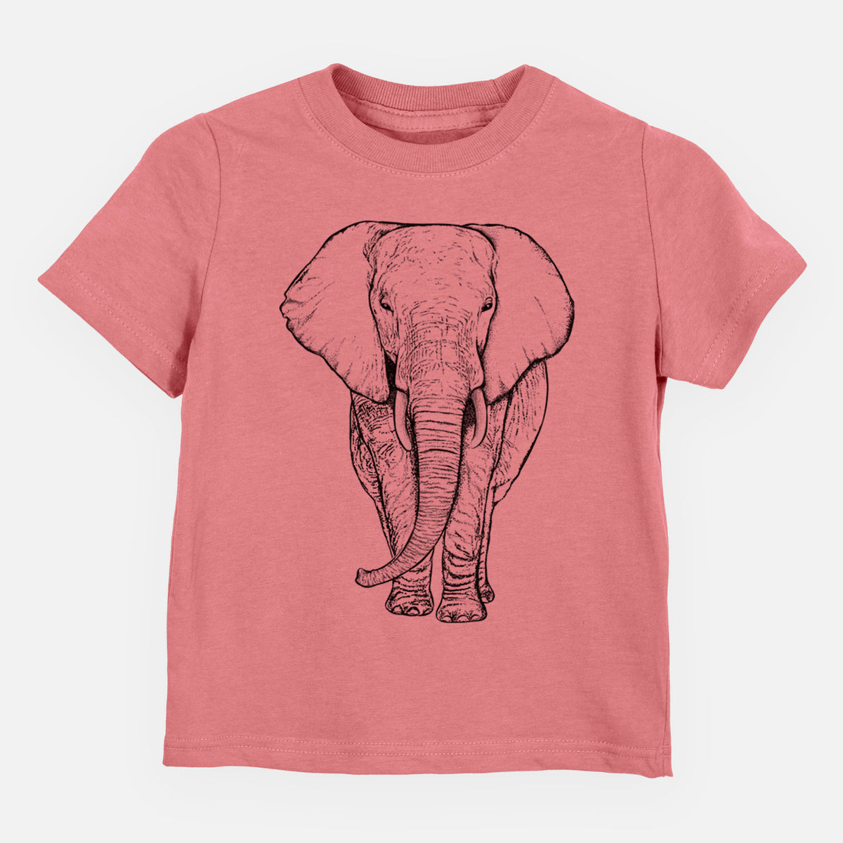 Mauve pink toddler t-shirt laid flat, printed with a black ink line drawing of an African elephant facing forward with large ears and tusks.