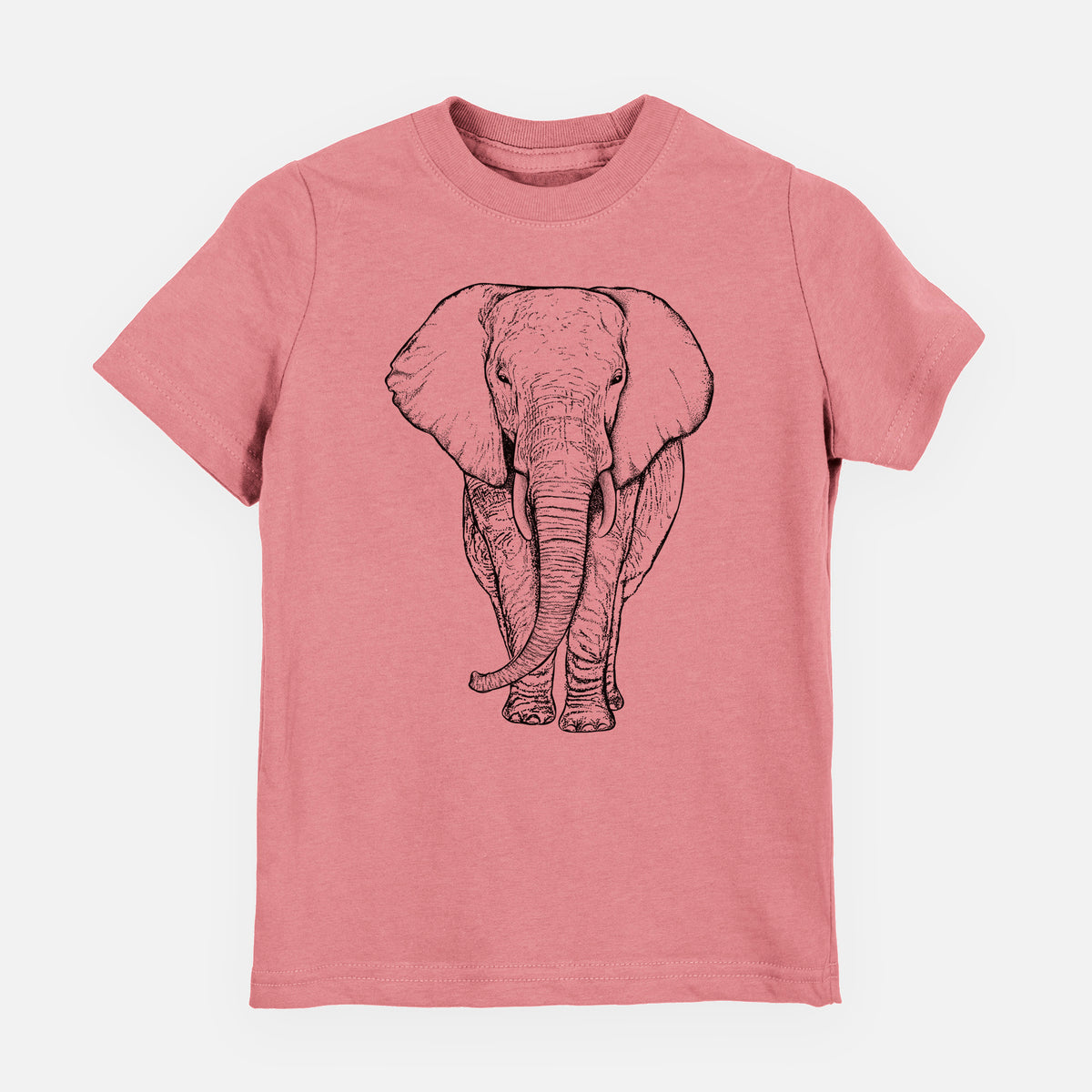 Mauve pink youth t-shirt laid flat, printed with a black ink line drawing of an African elephant facing forward with large ears and tusks.
