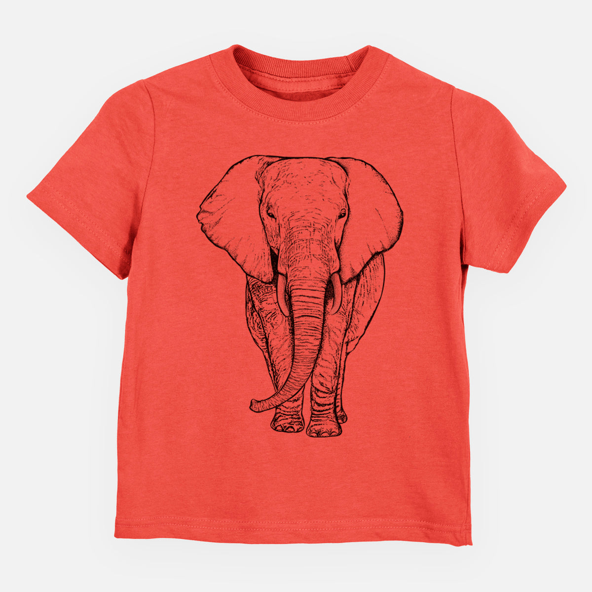 Passionfruit pink toddler t-shirt laid flat, printed with a black ink line drawing of an African elephant facing forward with large ears and tusks.