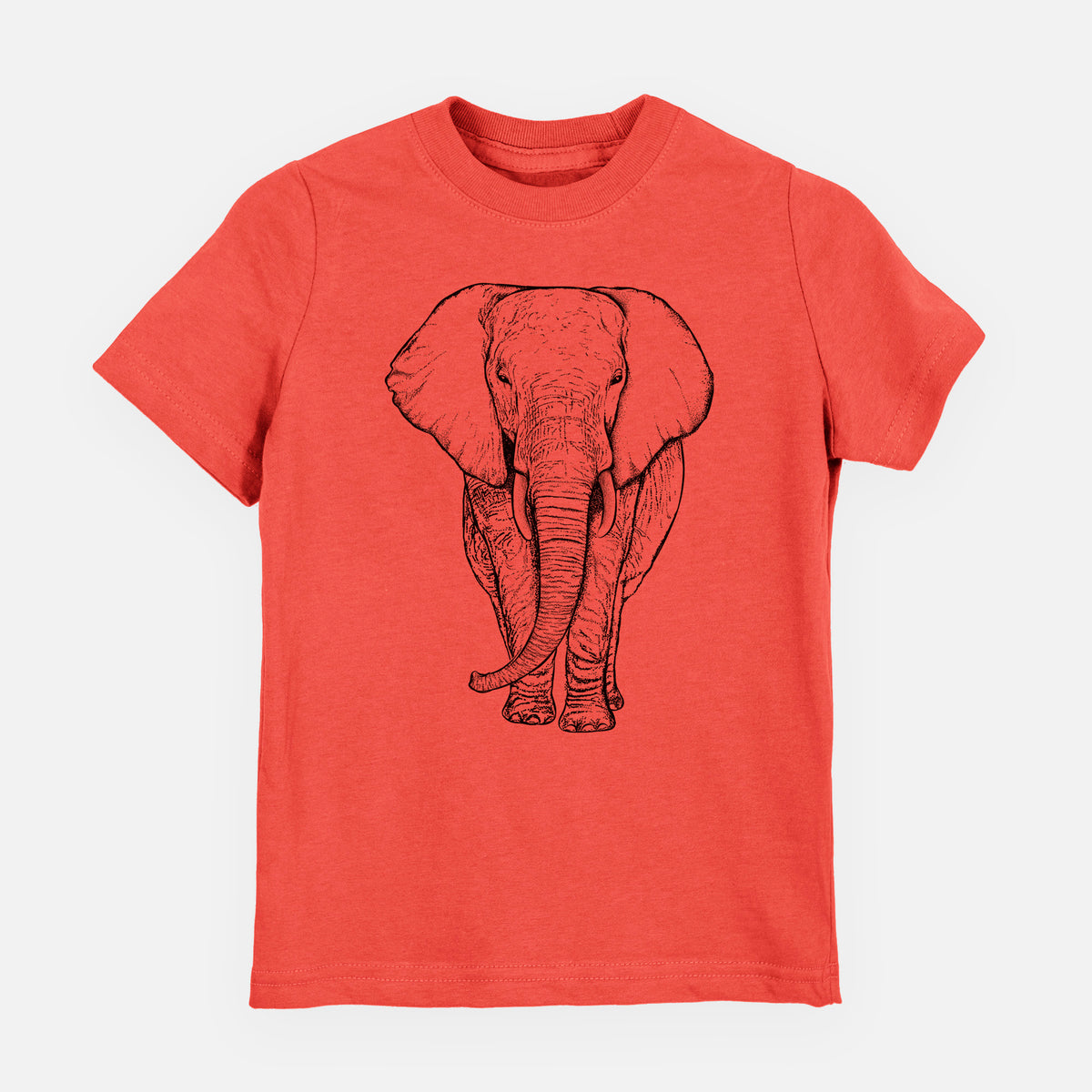 Passionfruit pink youth t-shirt laid flat, printed with a black ink line drawing of an African elephant facing forward with large ears and tusks.