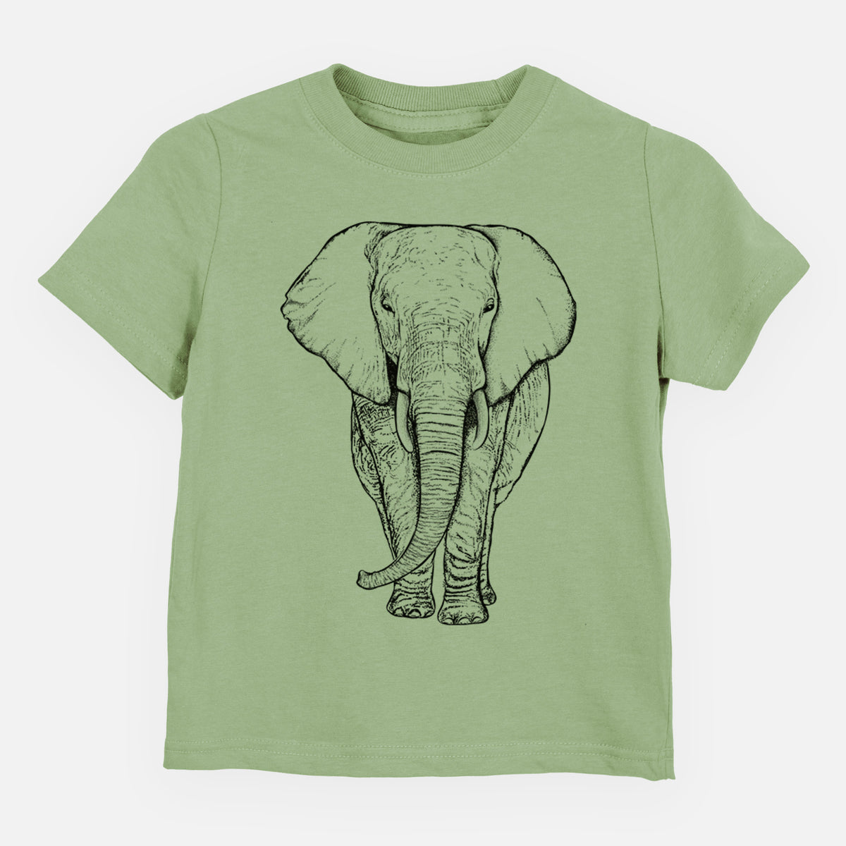 Sage green toddler t-shirt laid flat, printed with a black ink line drawing of an African elephant facing forward with large ears and tusks.