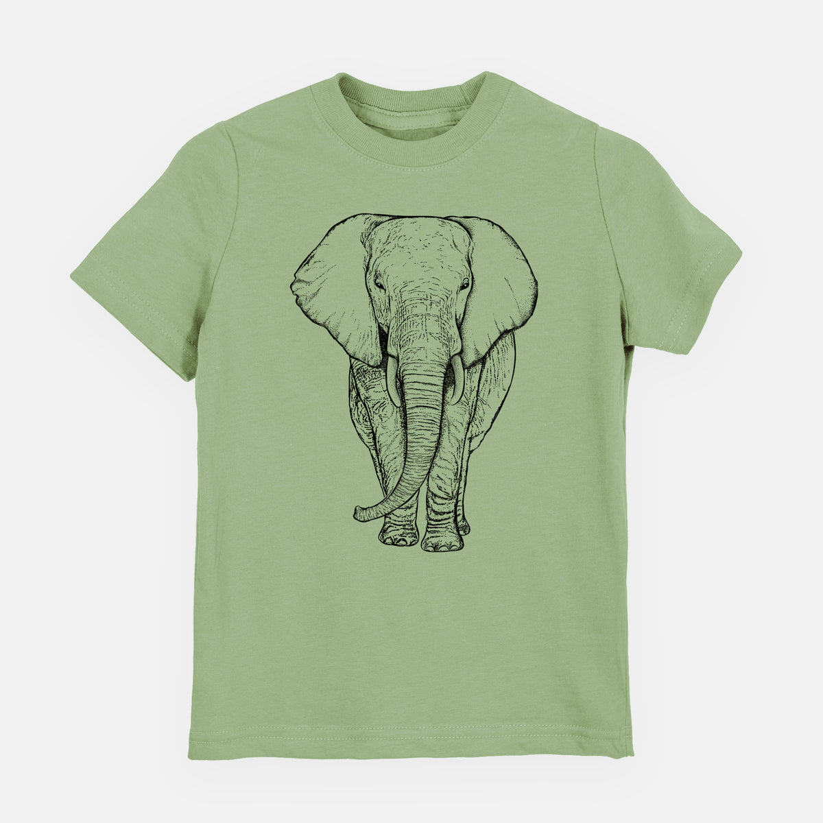 Sage green youth t-shirt laid flat, printed with a black ink line drawing of an African elephant facing forward with large ears and tusks.