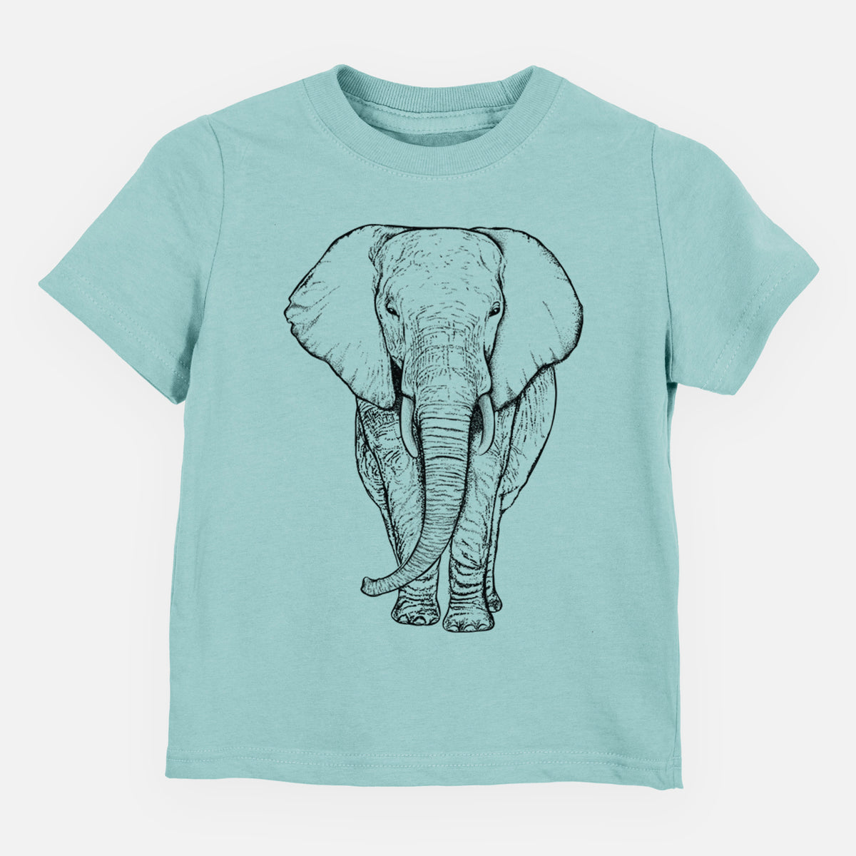 Saltwater toddler t-shirt laid flat, printed with a black ink line drawing of an African elephant facing forward with large ears and tusks.