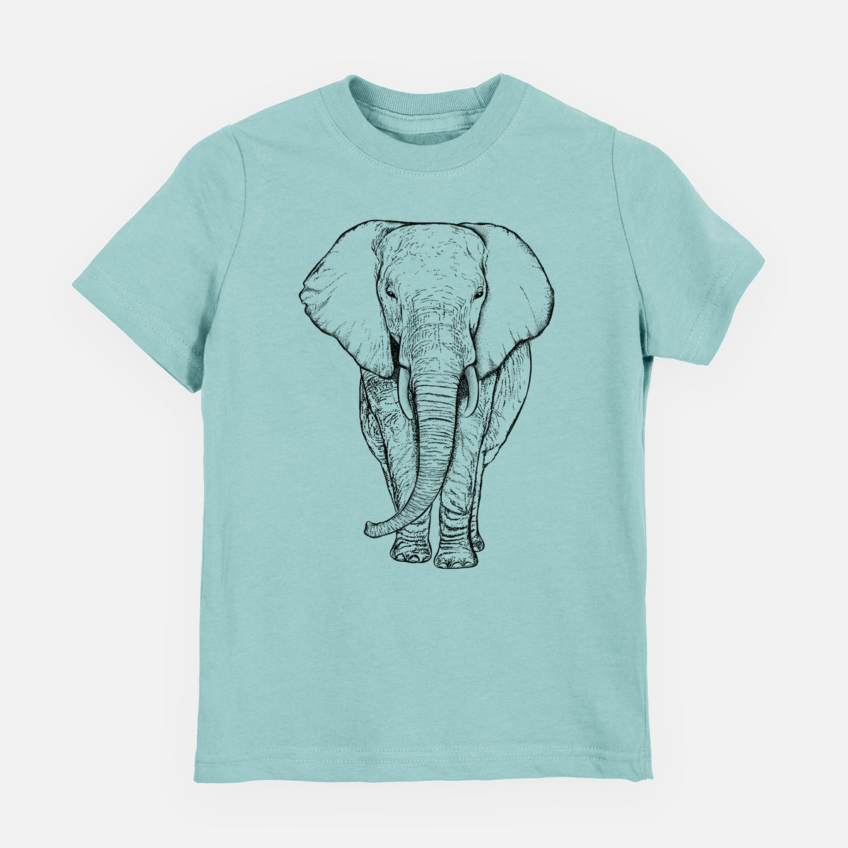 Saltwater youth t-shirt laid flat, printed with a black ink line drawing of an African elephant facing forward with large ears and tusks.