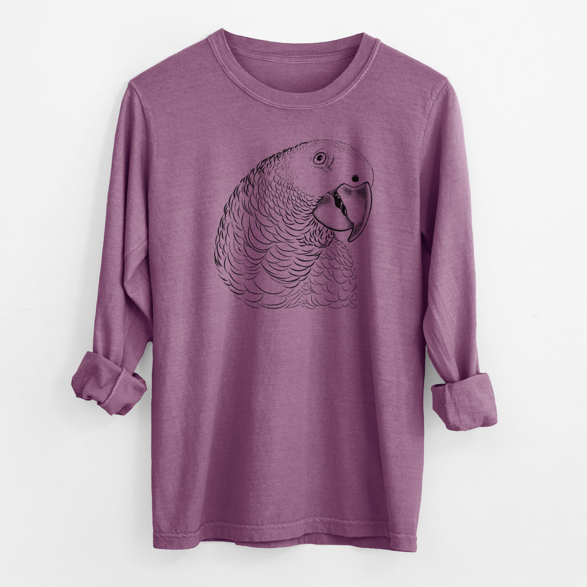 Berry pink Comfort Colors long sleeve shirt laid flat with the cuffs rolled, printed with a detailed black ink portrait of an African grey parrot's head.