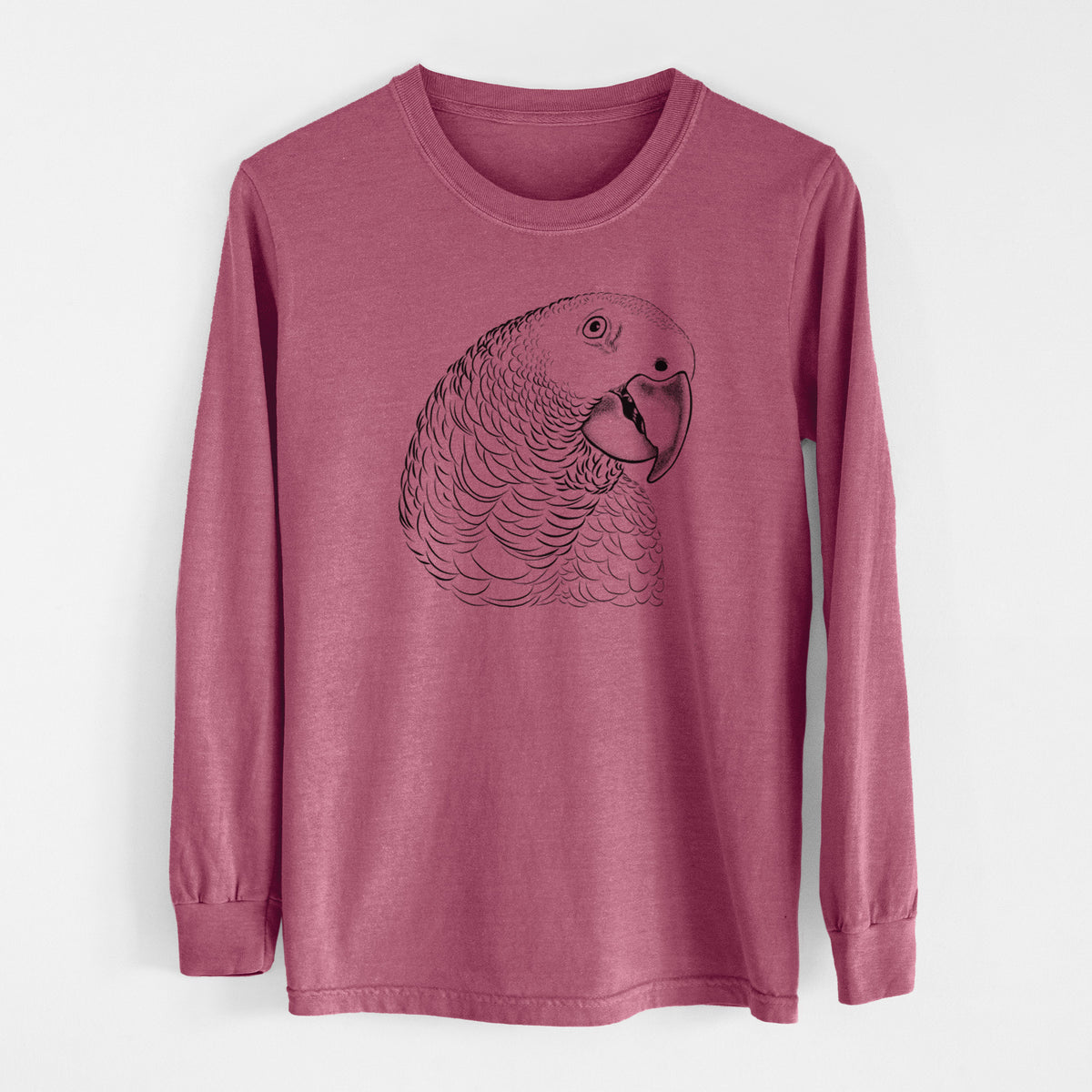 Crimson Comfort Colors long sleeve shirt laid flat, printed with a detailed black ink portrait of an African grey parrot's head.