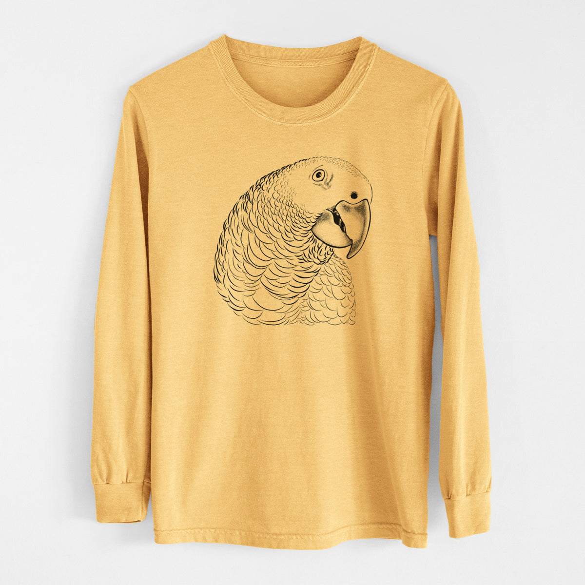 Golden wheat yellow Comfort Colors long sleeve shirt laid flat, printed with a detailed black ink portrait of an African grey parrot's head.