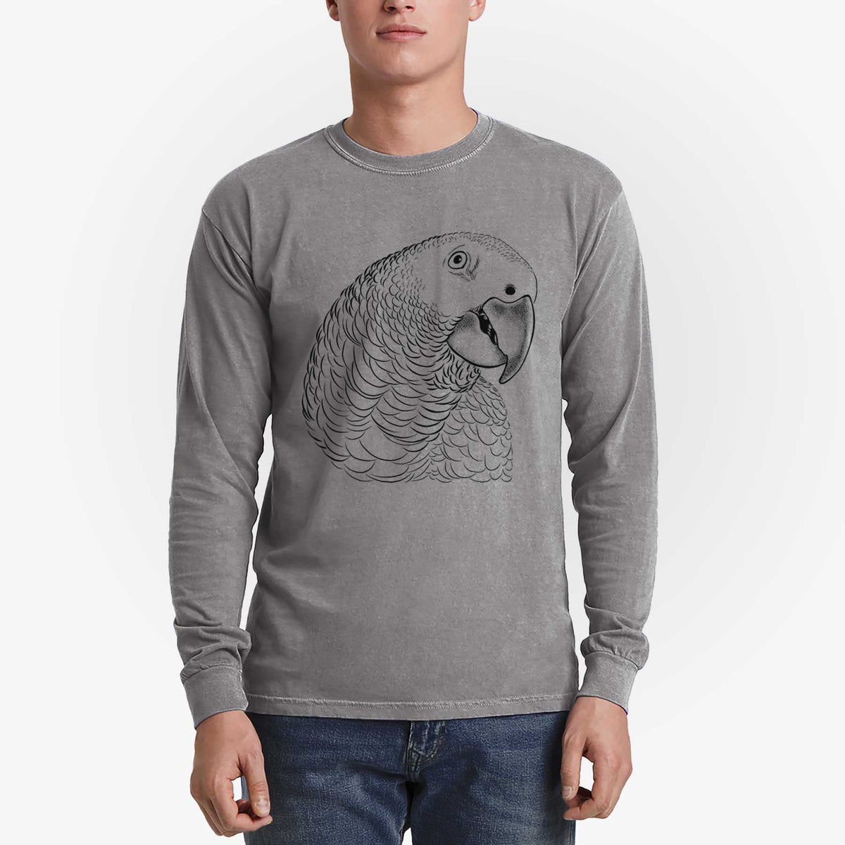 Man wearing a grey Comfort Colors long sleeve shirt printed with a detailed black ink portrait of an African grey parrot's head.