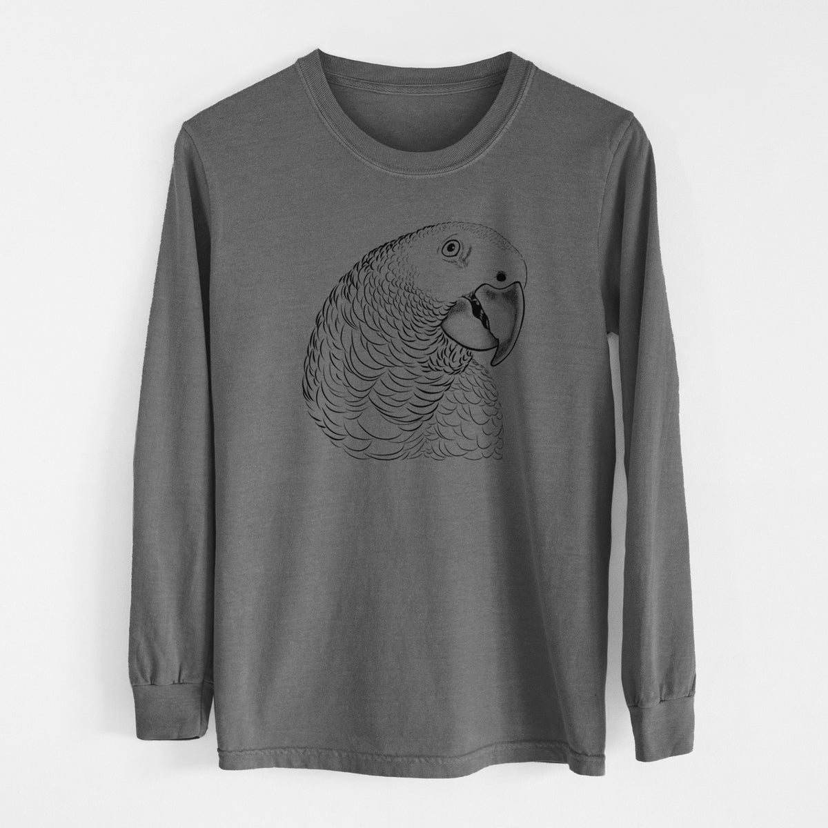 Pepper Comfort Colors long sleeve shirt laid flat, printed with a detailed black ink portrait of an African grey parrot's head.