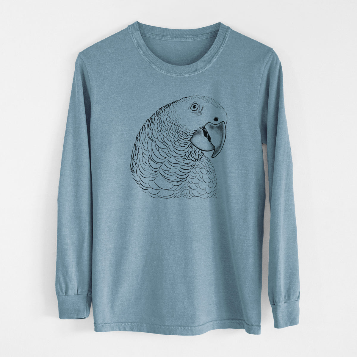 Steel blue Comfort Colors long sleeve shirt laid flat, printed with a detailed black ink portrait of an African grey parrot's head.