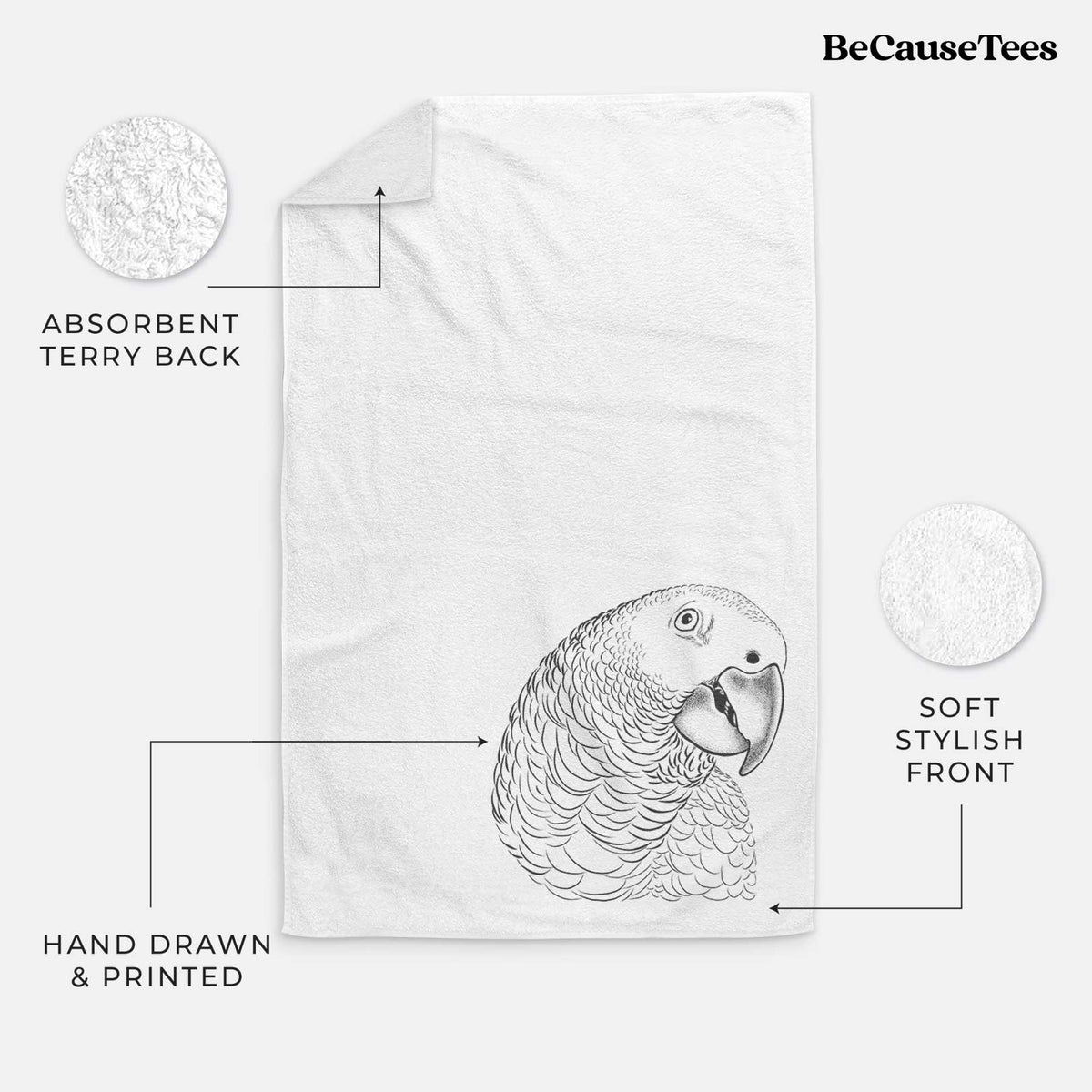 White hand towel printed with a detailed black ink portrait of an African grey parrot's head.