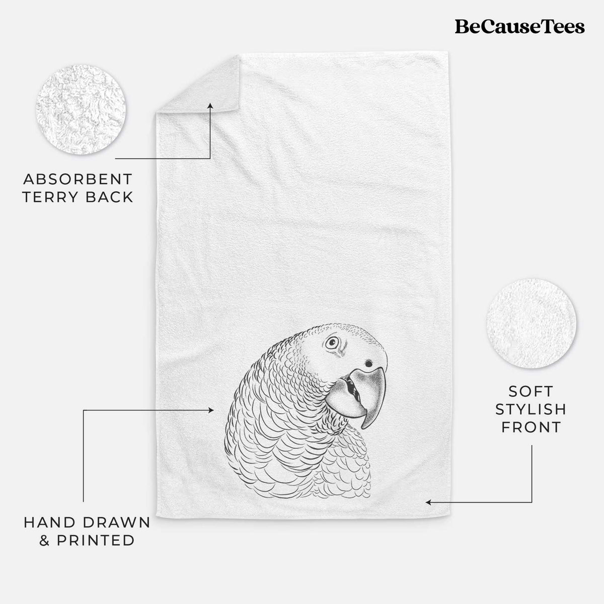 White hand towel printed with a detailed black ink portrait of an African grey parrot's head.