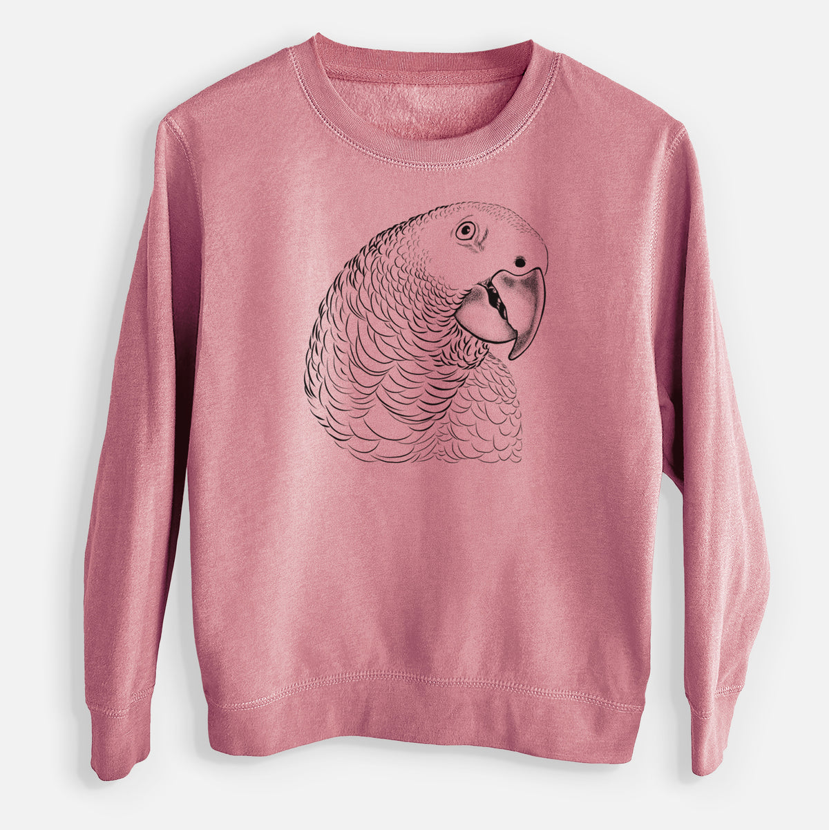 Mauve pink youth crewneck sweatshirt laid flat, printed with a detailed black ink portrait of an African grey parrot's head.