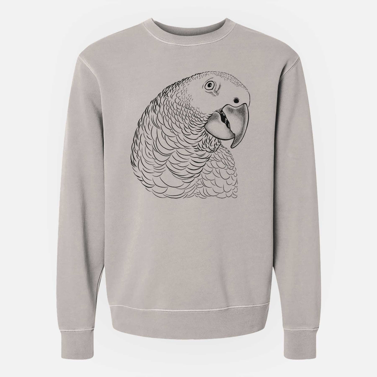 Cement grey pigment dyed crewneck sweatshirt laid flat, printed with a detailed black ink portrait of an African grey parrot's head.