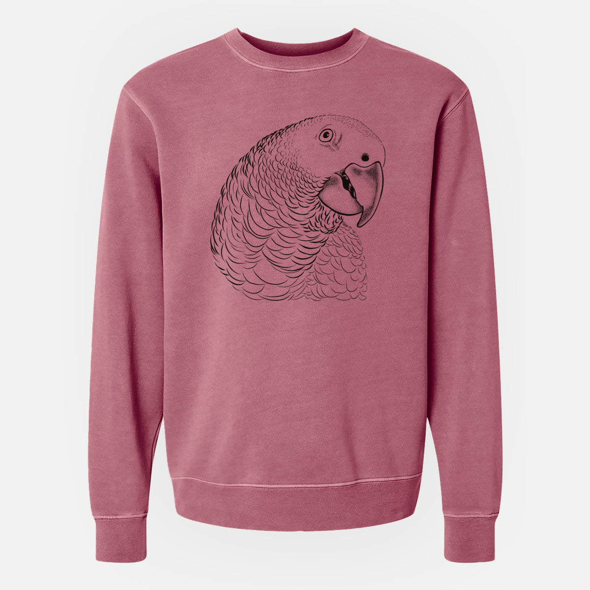 Maroon pigment dyed crewneck sweatshirt laid flat, printed with a detailed black ink portrait of an African grey parrot's head.