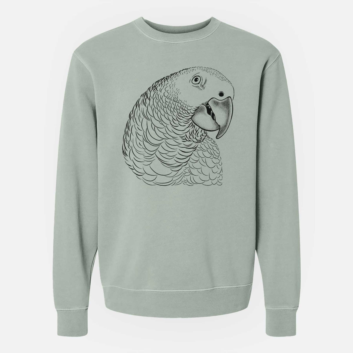 Sage green pigment dyed crewneck sweatshirt laid flat, printed with a detailed black ink portrait of an African grey parrot's head.