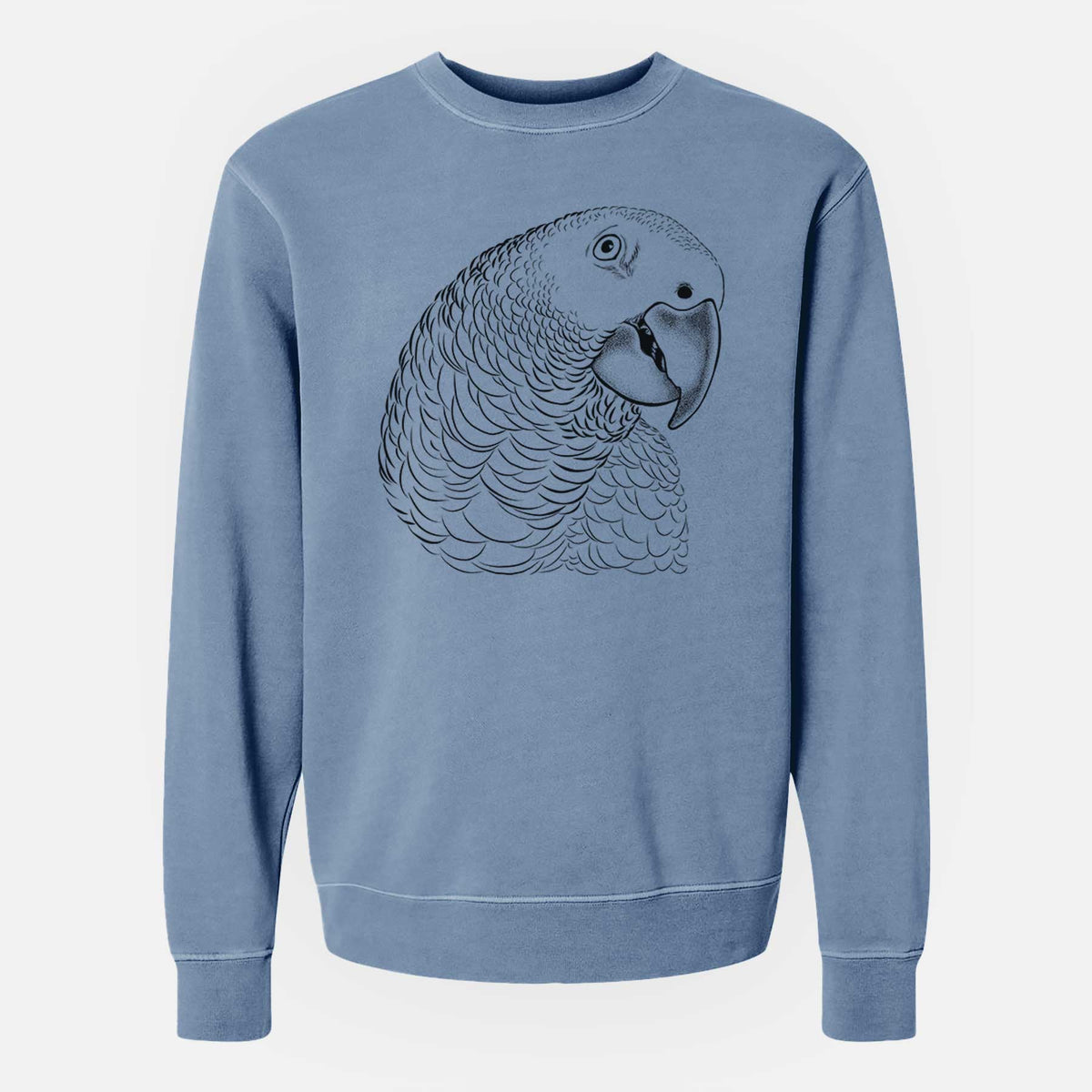 Slate blue pigment dyed crewneck sweatshirt laid flat, printed with a detailed black ink portrait of an African grey parrot's head.