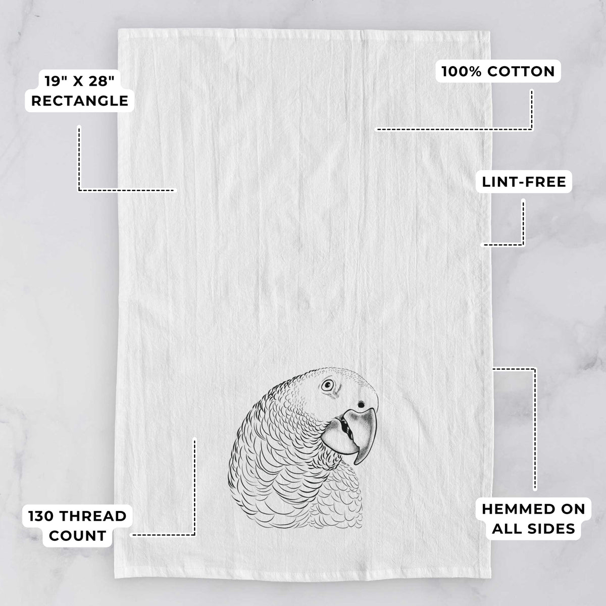 White tea towel printed with a detailed black ink portrait of an African grey parrot's head, with feature labels: 19 by 28 inch rectangle, 100% cotton, lint-free, 130 thread count, hemmed on all sides.