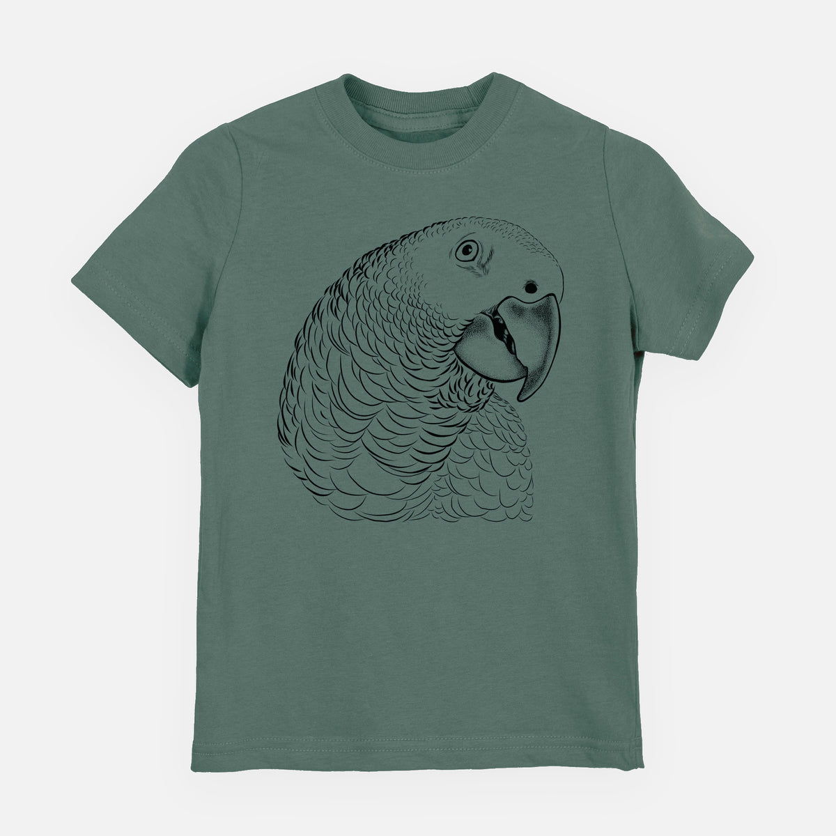 Basil green youth t-shirt laid flat, printed with a detailed black ink portrait of an African grey parrot's head.