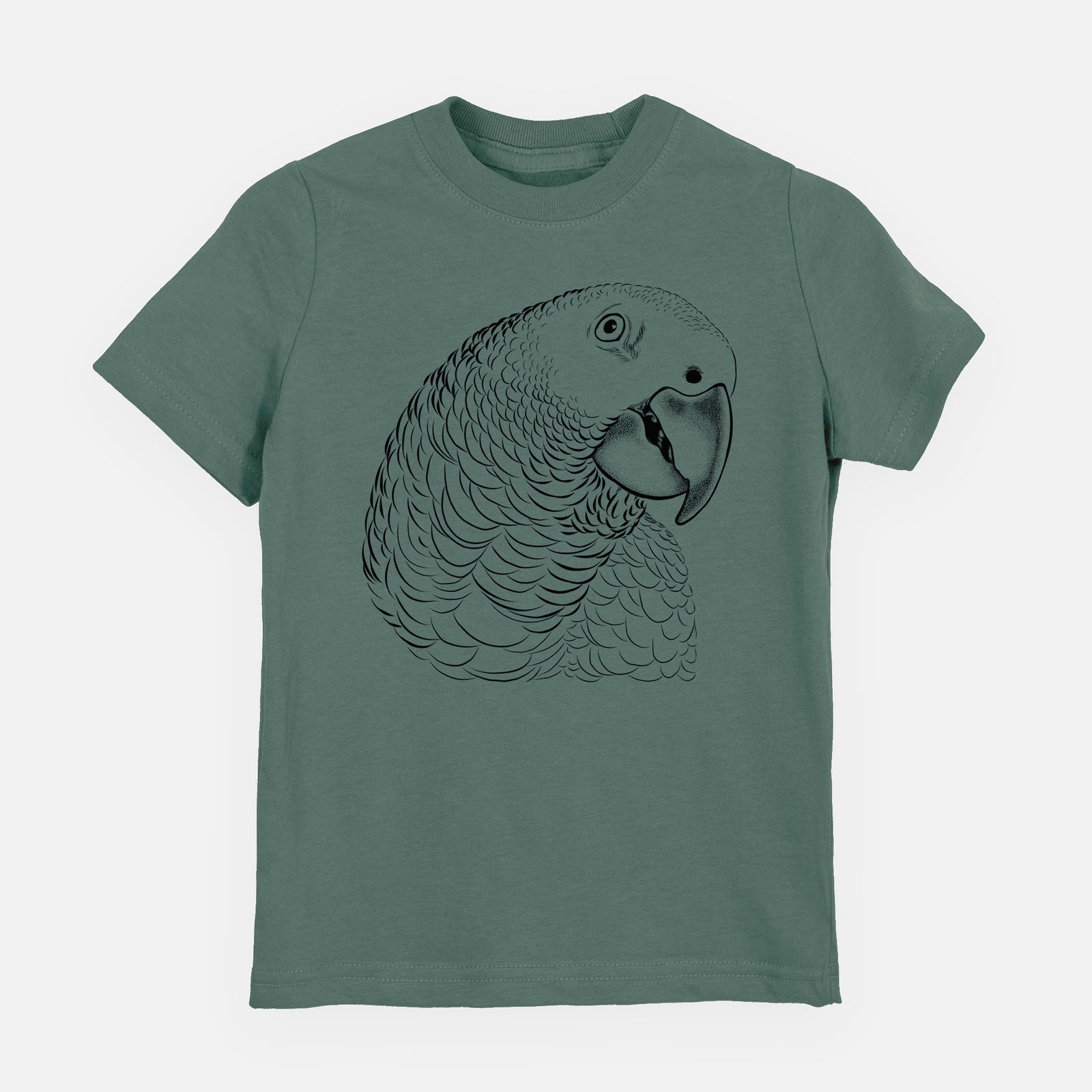 Basil green youth t-shirt laid flat, printed with a detailed black ink portrait of an African grey parrot's head.