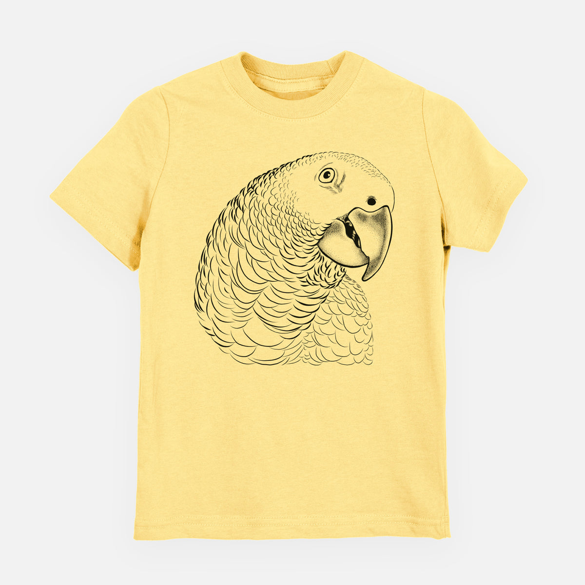 Butter yellow youth t-shirt laid flat, printed with a detailed black ink portrait of an African grey parrot's head.