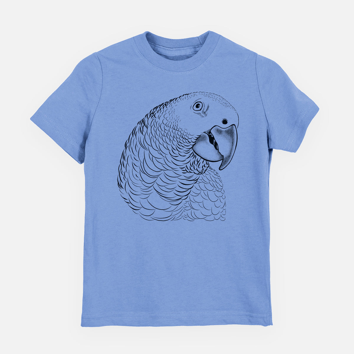 Carolina blue youth t-shirt laid flat, printed with a detailed black ink portrait of an African grey parrot's head.