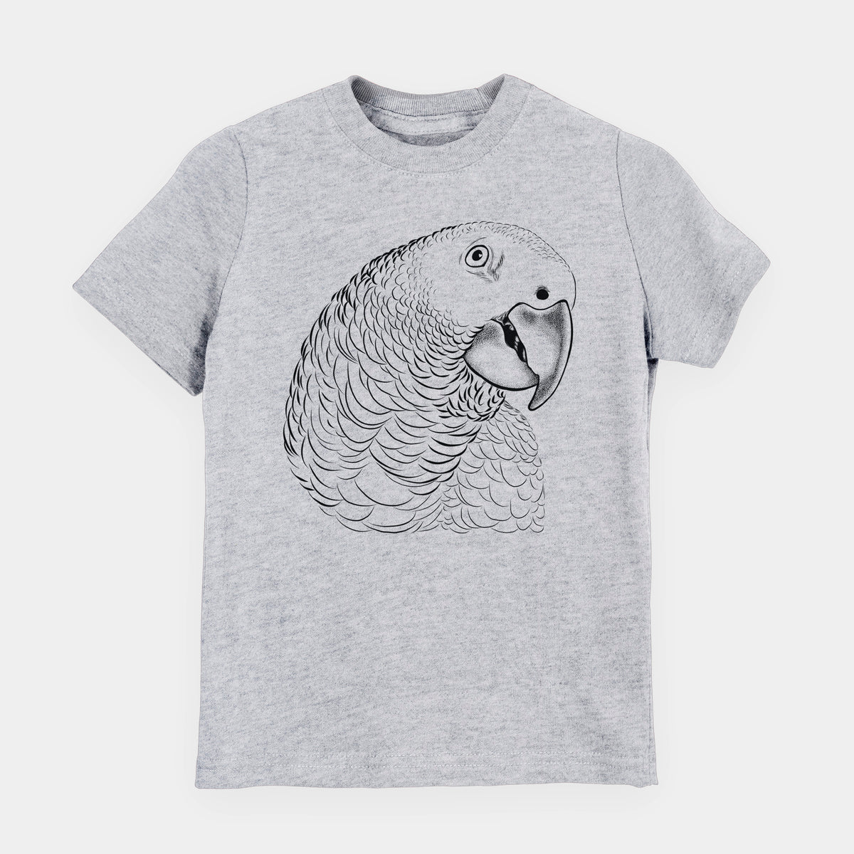 Heather grey youth t-shirt laid flat, printed with a detailed black ink portrait of an African grey parrot's head.