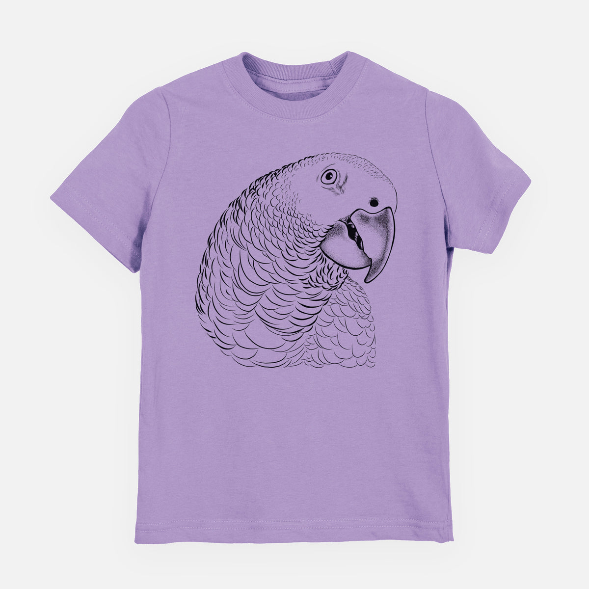 Lavender youth t-shirt laid flat, printed with a detailed black ink portrait of an African grey parrot's head.