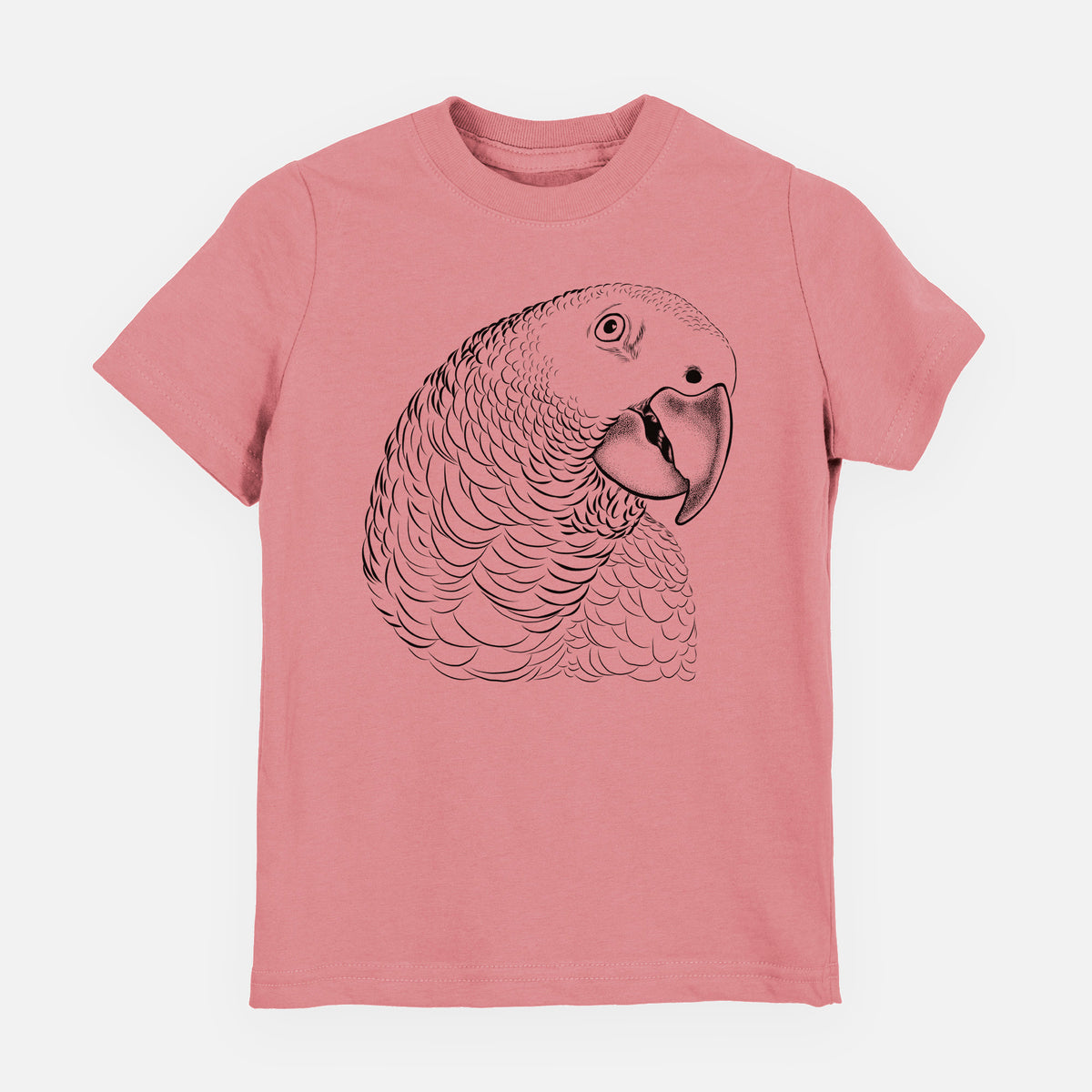 Mauve pink youth t-shirt laid flat, printed with a detailed black ink portrait of an African grey parrot's head.