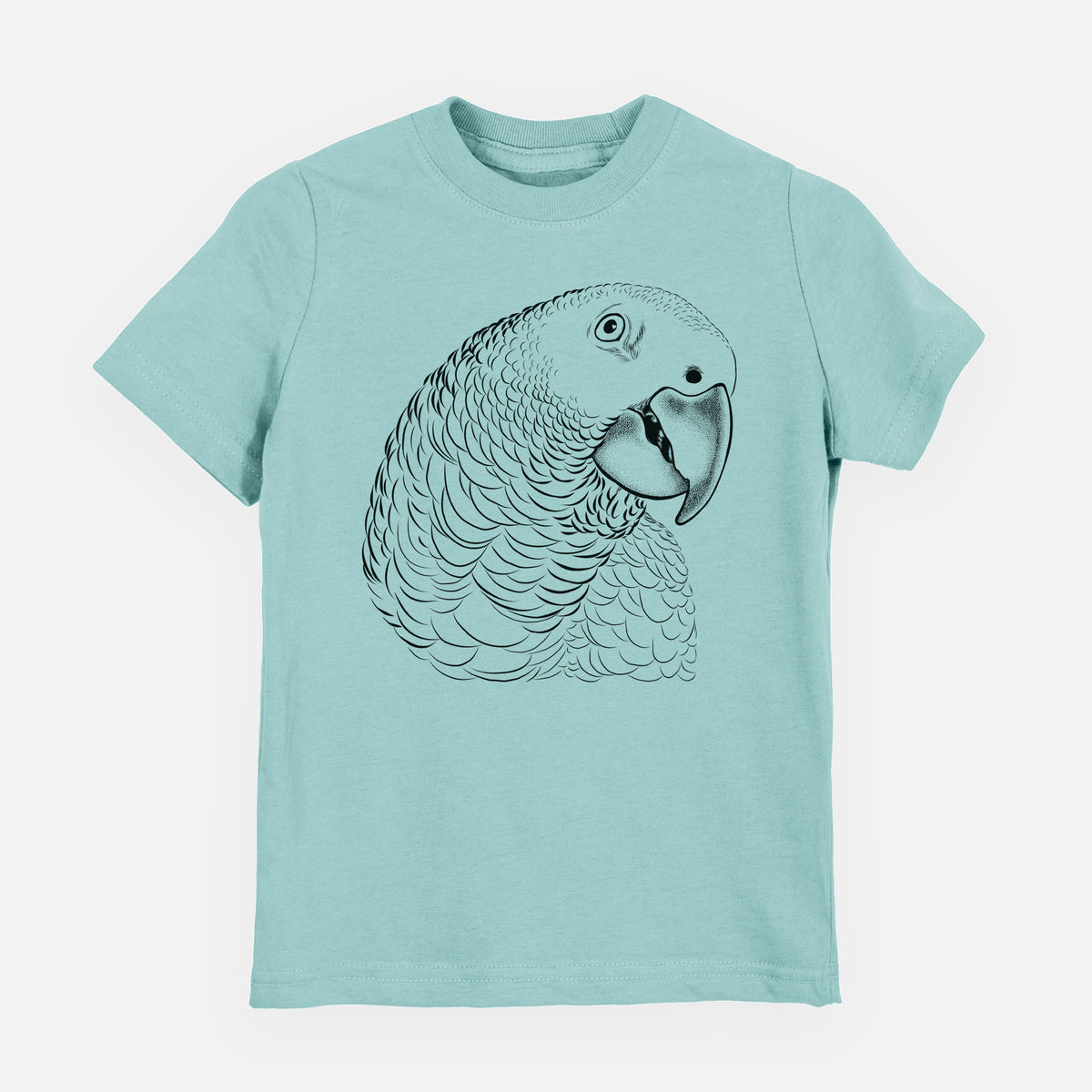 Saltwater youth t-shirt laid flat, printed with a detailed black ink portrait of an African grey parrot's head.