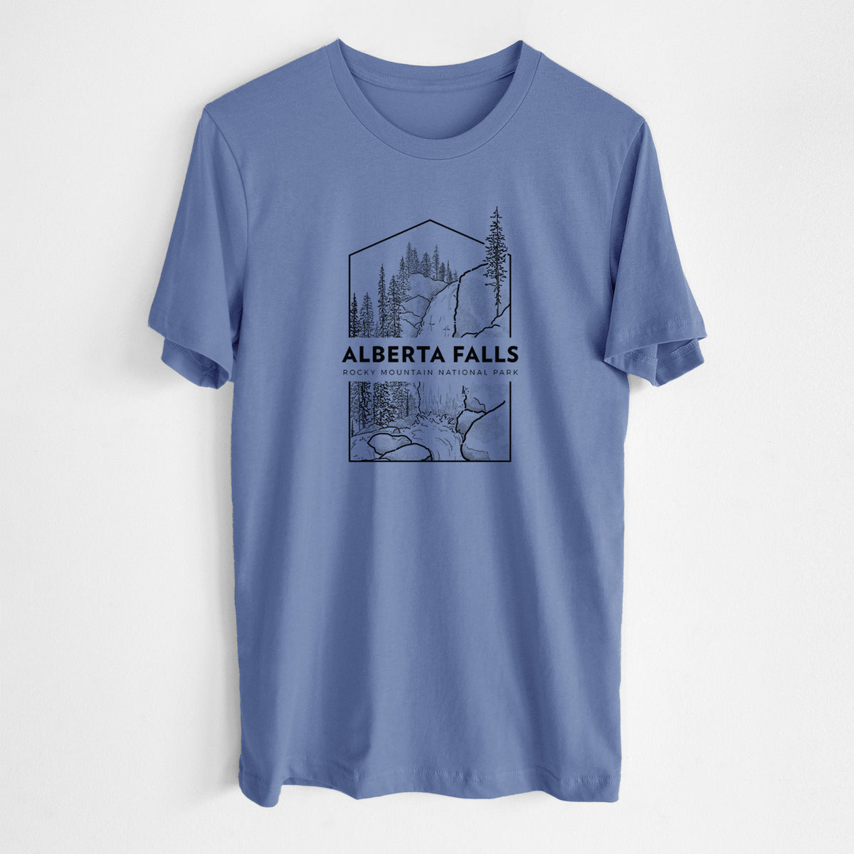 Blue bell lightweight cotton t-shirt laid flat, printed with a black line art badge of Alberta Falls with pine trees, with the words Alberta Falls, Rocky Mountain National Park.