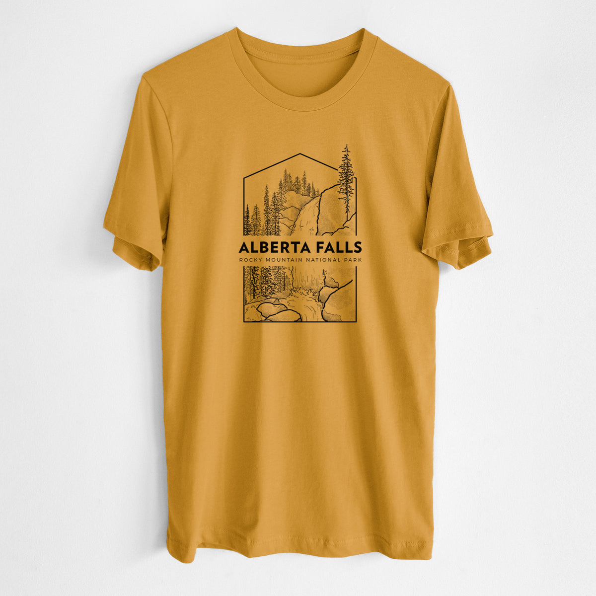 Honeycomb yellow lightweight cotton t-shirt laid flat, printed with a black line art badge of Alberta Falls with pine trees, with the words Alberta Falls, Rocky Mountain National Park.