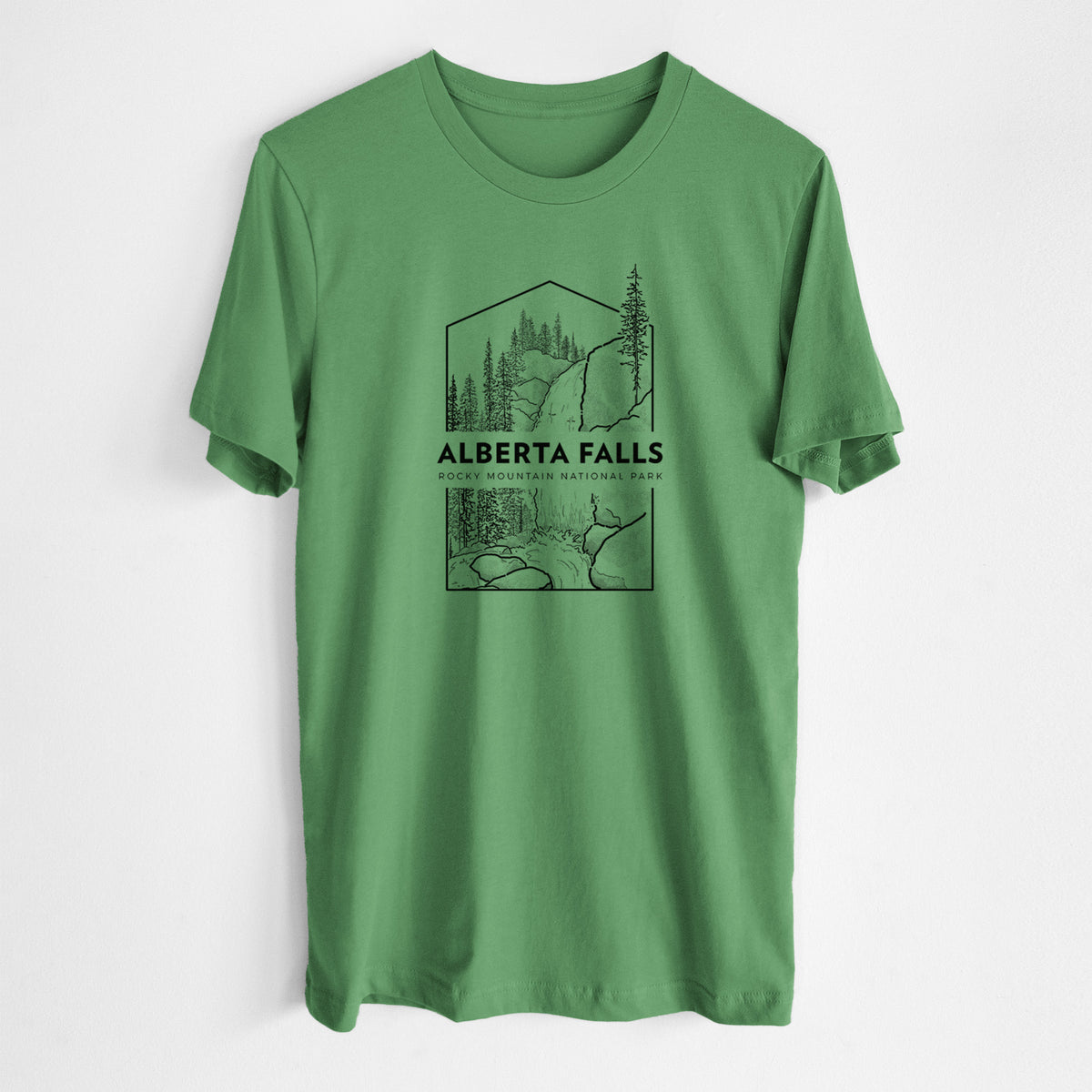 Leaf green lightweight cotton t-shirt laid flat, printed with a black line art badge of Alberta Falls with pine trees, with the words Alberta Falls, Rocky Mountain National Park.