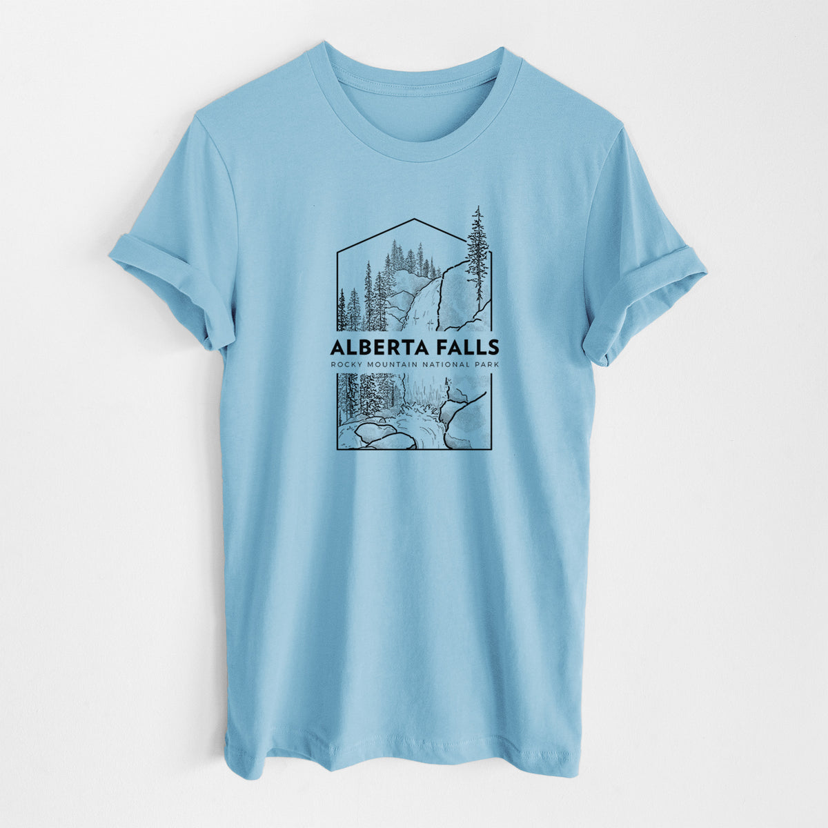 Ocean blue lightweight cotton t-shirt laid flat, printed with a black line art badge of Alberta Falls with pine trees, with the words Alberta Falls, Rocky Mountain National Park.