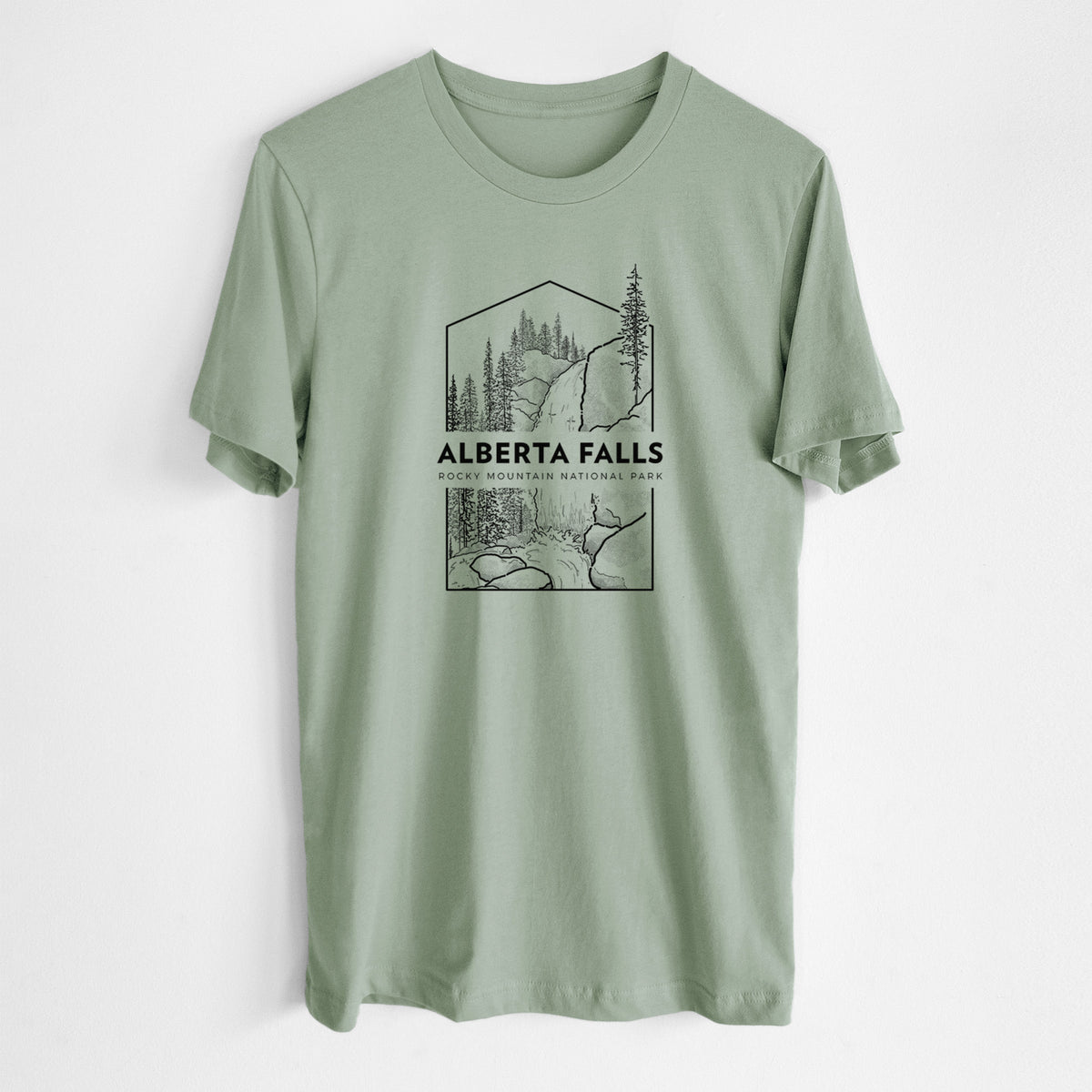 Sage green lightweight cotton t-shirt laid flat, printed with a black line art badge of Alberta Falls with pine trees, with the words Alberta Falls, Rocky Mountain National Park.