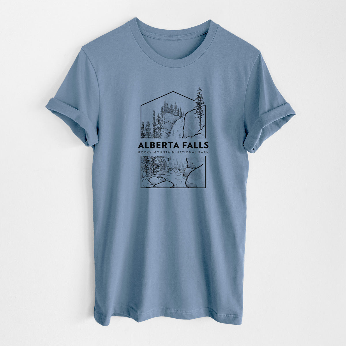 Steel blue lightweight cotton t-shirt laid flat, printed with a black line art badge of Alberta Falls with pine trees, with the words Alberta Falls, Rocky Mountain National Park.